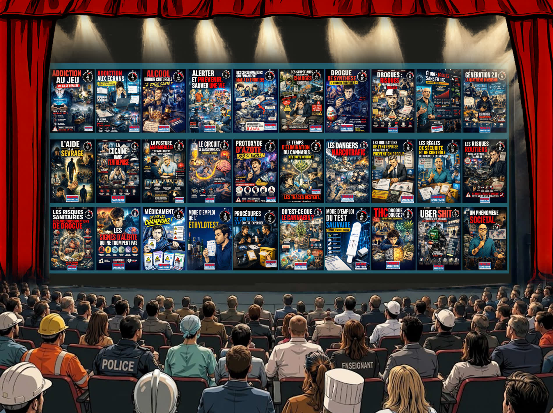 Une salle de cinéma, rideaux rouges ouverts : le public regarde le mur des jaquettes de la collection